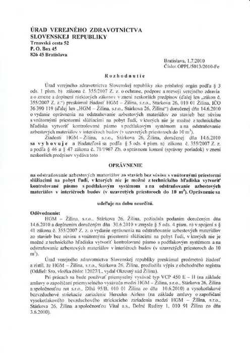 Náhľad prvej strany: Oprávnenie na odstraňovanie azbeztových materiálov