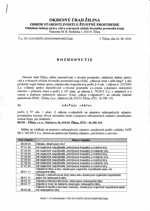 Náhľad prvej strany: Súhlas na prepravu nebezpečných odpadov