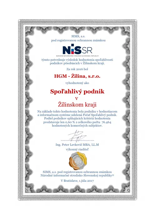 Náhľad prvej strany: Certifikát - Spoľahlivý podnik