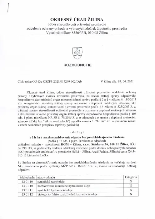 Náhľad prvej strany: Súhlas na zhromažďovanie odpadu bez predchádzajúceho triedenia