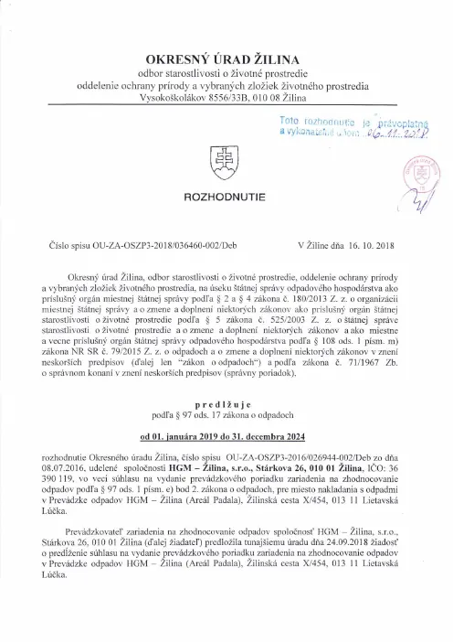 Náhľad prvej strany: Súhlas na vydanie prevádzkového poriadku zariadenia na zhodnocovanie odpadov