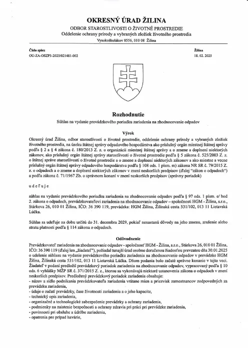 Náhľad prvej strany: Súhlas na vydanie prevádzkového poriadku zariadenia na zhodnocovanie odpadov 2025