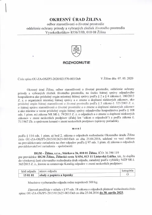 Náhľad prvej strany: Súhlas na prevádzkovanie zariadenia na zber odpadov-zmena