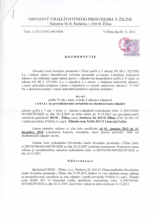 Náhľad prvej strany: Súhlas na prevádzkovanie zariadenia na zhodnocovanie odpadov-predĺženie