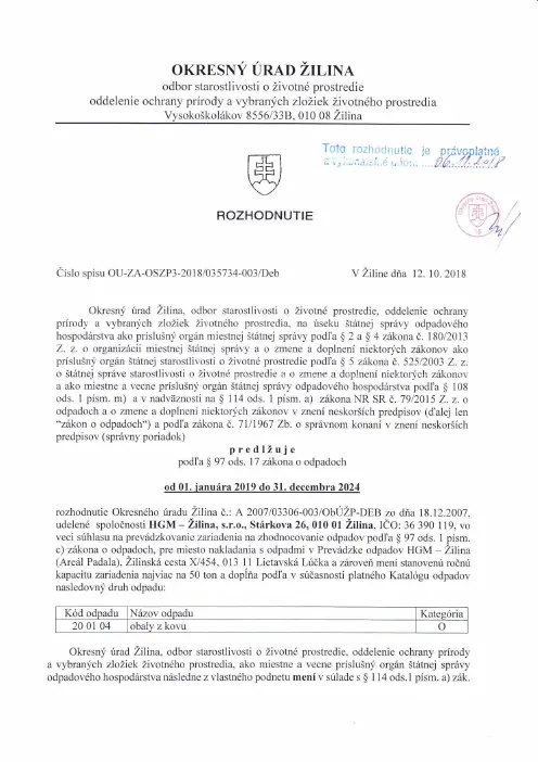 Náhľad prvej strany: Súhlas na prevádzkovanie zariadenia na zhodnocovanie odpadov-predĺženie