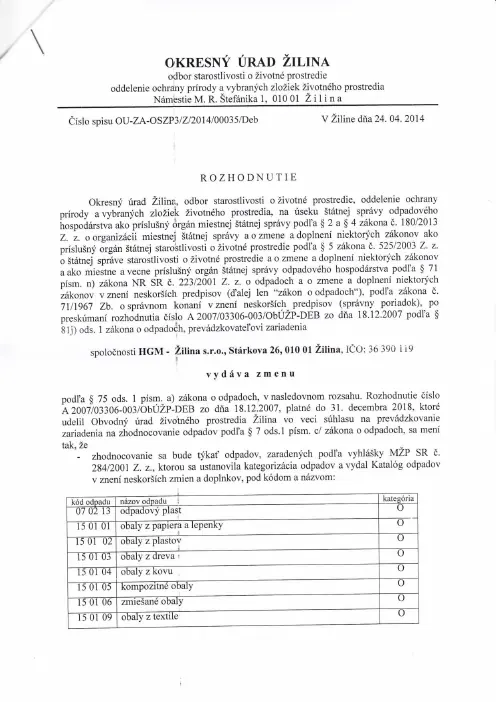 Náhľad prvej strany: Súhlas na prevádzkovanie zariadenia na zhodnocovanie odpadov-zmena