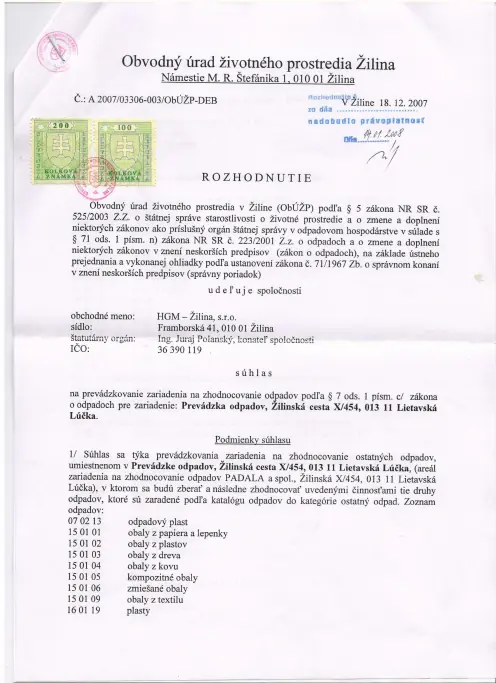 Náhľad prvej strany: Súhlas na prevádzkovanie zariadenia na zhodnocovanie odpadov