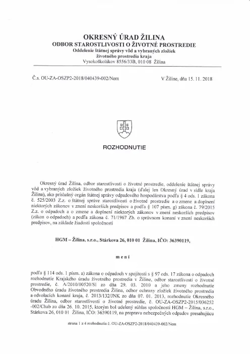 Náhľad prvej strany: Súhlas na prepravu nebezpečných odpadov - KLF - ENERGETIKA, a.s.
